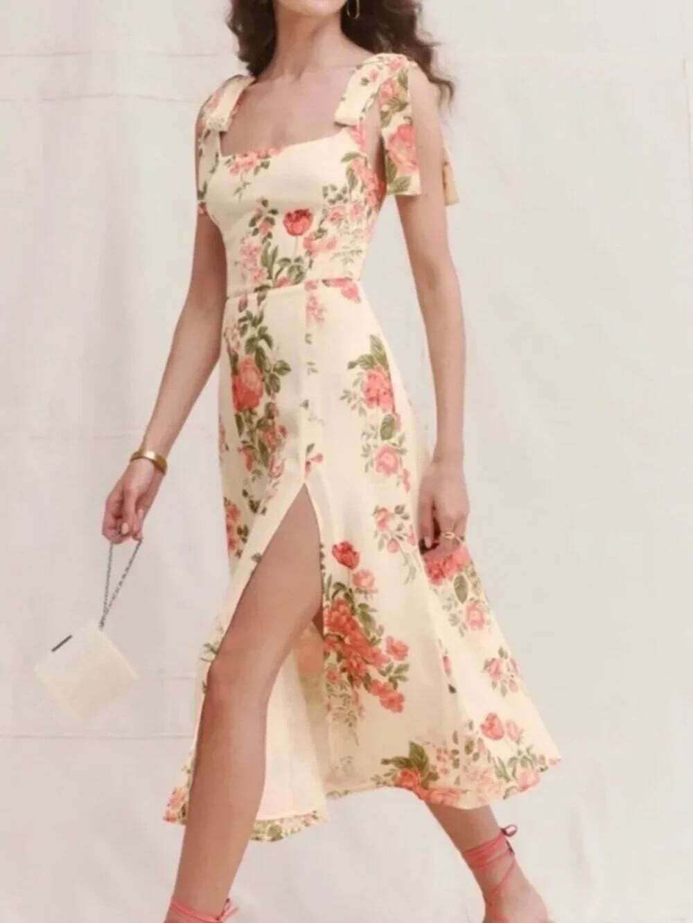 REFORMATION Twilight Size 10 Cream Pink Floral Midi Dress Coquette Wedding Guest